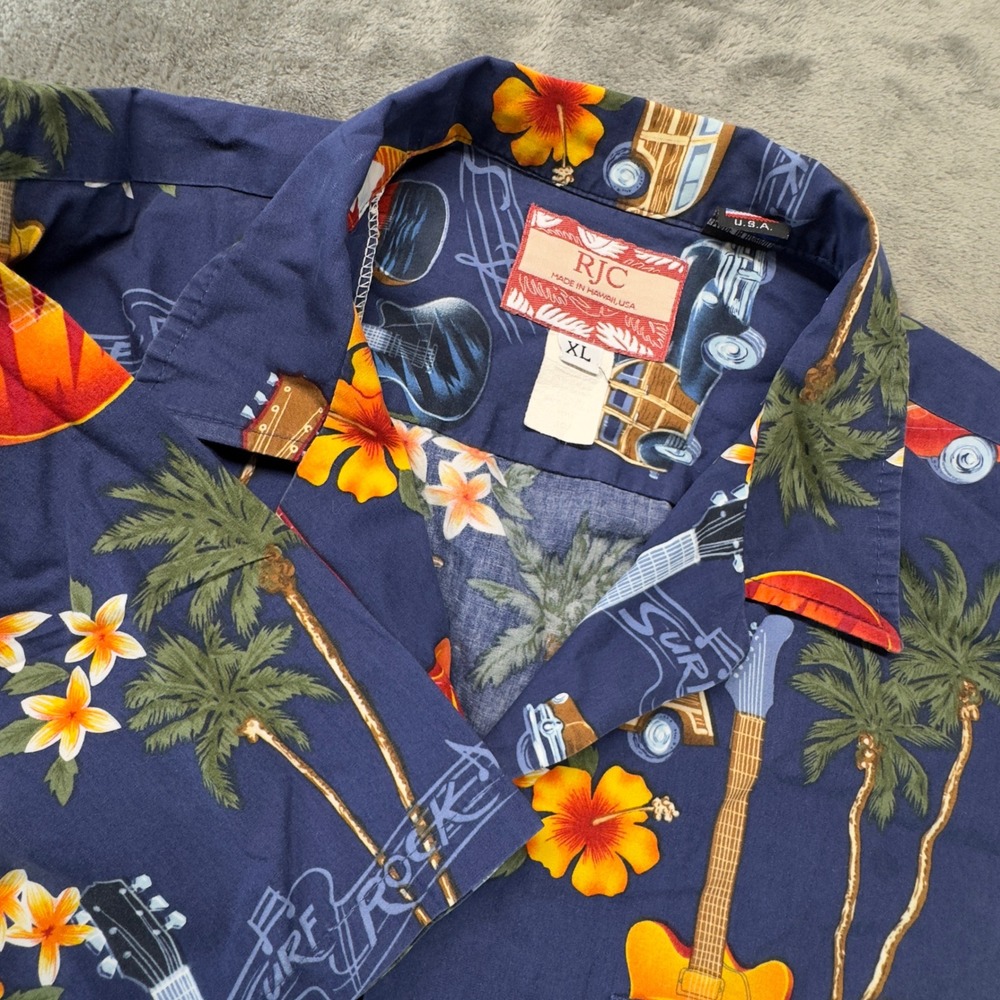 RJC Surf Rock Hawaiian Shirt Guitars Palm Trees Camp Collar Aloha XL